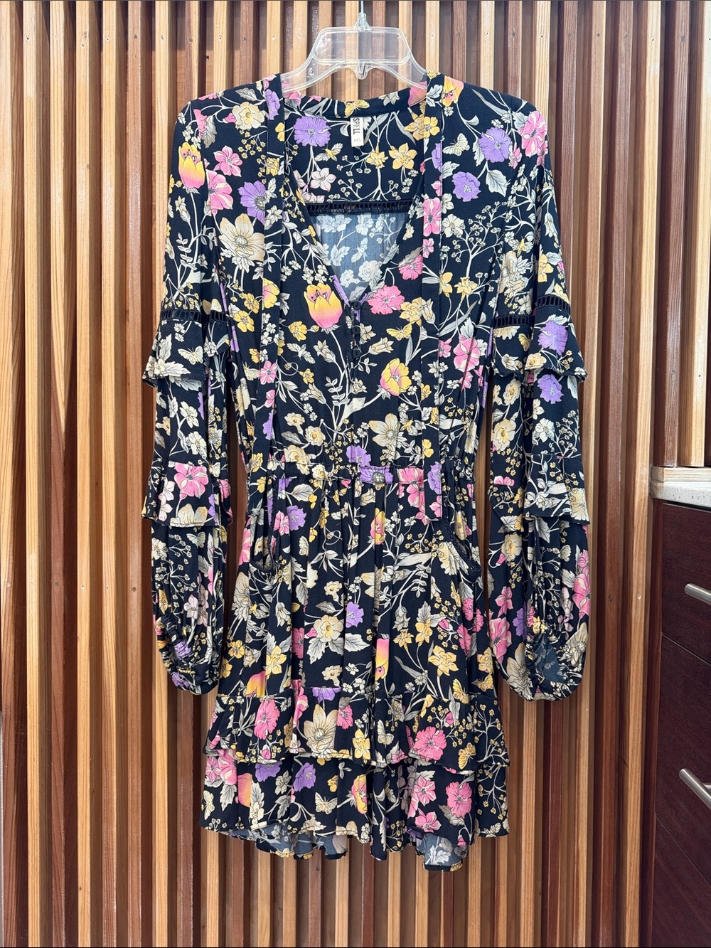 Spell Black Floral Tiered Long Sleeve Dress with Pink & Yellow Blooms